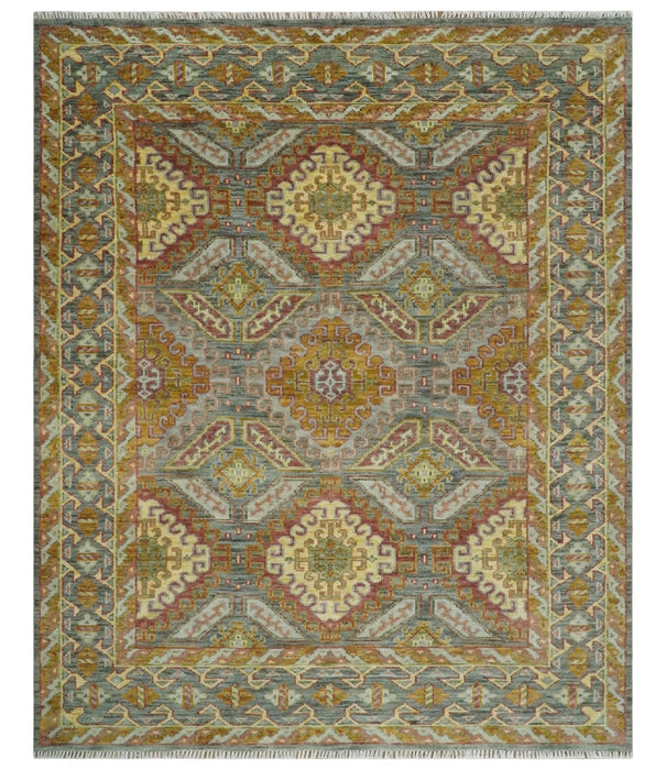 Hand Knotted Gold and Charcoal 8x10 Oriental Traditional Wool Area Rug