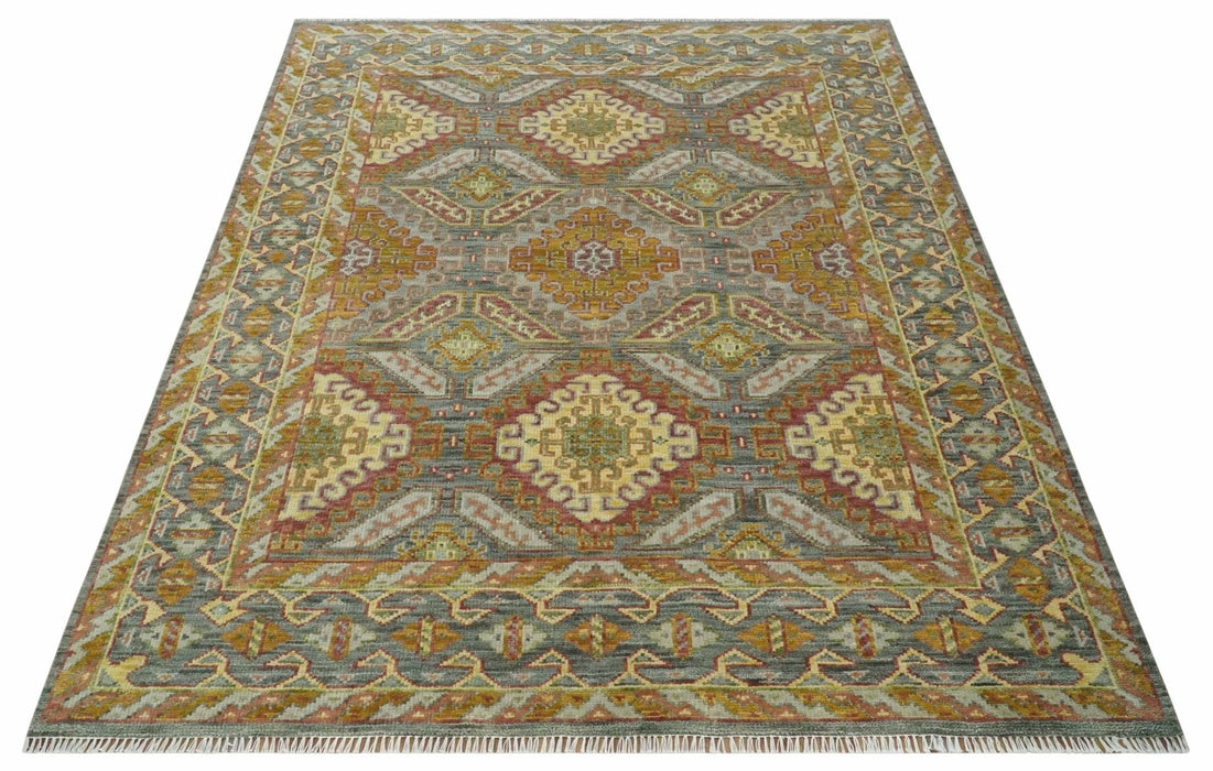 Hand Knotted Gold and Charcoal 8x10 Oriental Traditional Wool Area Rug