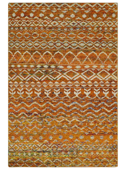 Hand Knotted Gold, Rust and Ivory Modern Contemporary Tribal Trellis Recycled Silk Area Rug