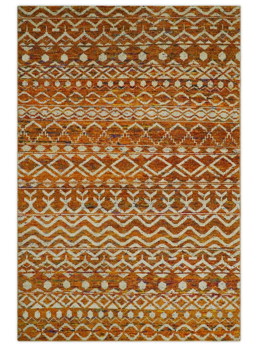 Hand Knotted Gold, Rust and Ivory Modern Contemporary Tribal Trellis Recycled Silk Area Rug
