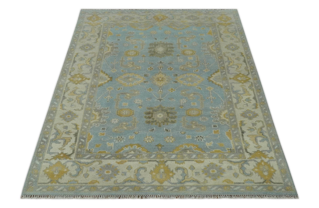 Hand Knotted Gray, Ivory and Mustard 6x8.8 Traditional Oriental Oushak wool rug