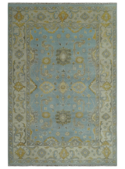 Hand Knotted Gray, Ivory and Mustard 6x8.8 Traditional Oriental Oushak wool rug
