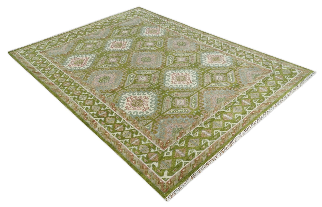 Hand Knotted Green, Ivory and Silver Oriental Traditional 9x12 Wool Area Rug