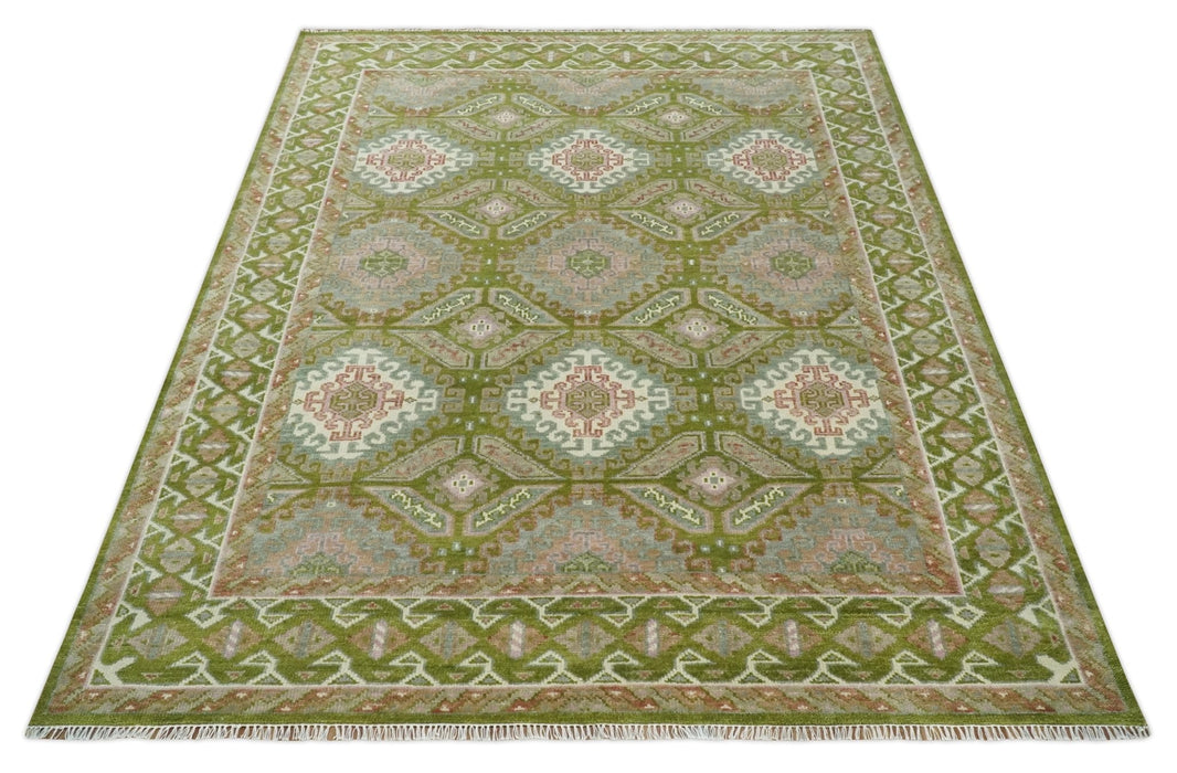 Hand Knotted Green, Ivory and Silver Oriental Traditional Multi Size Wool Area Rug