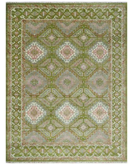 Hand Knotted Green, Ivory and Silver Oriental Traditional Multi Size Wool Area Rug