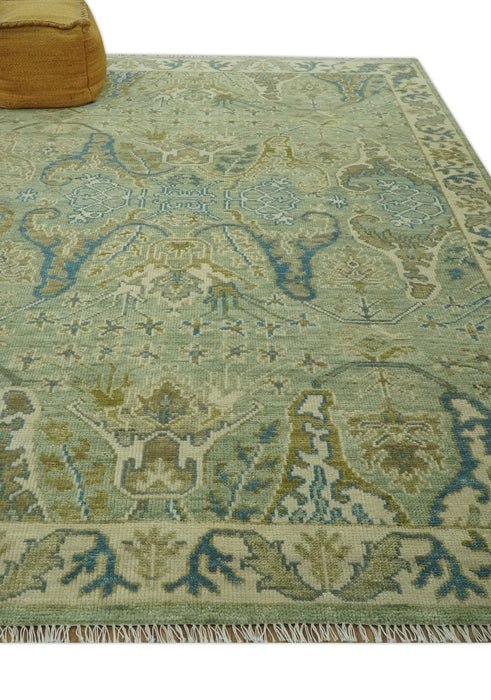 Hand Knotted Green, Olive and Teal Traditional Dragon Oushak Design 8x10 wool rug