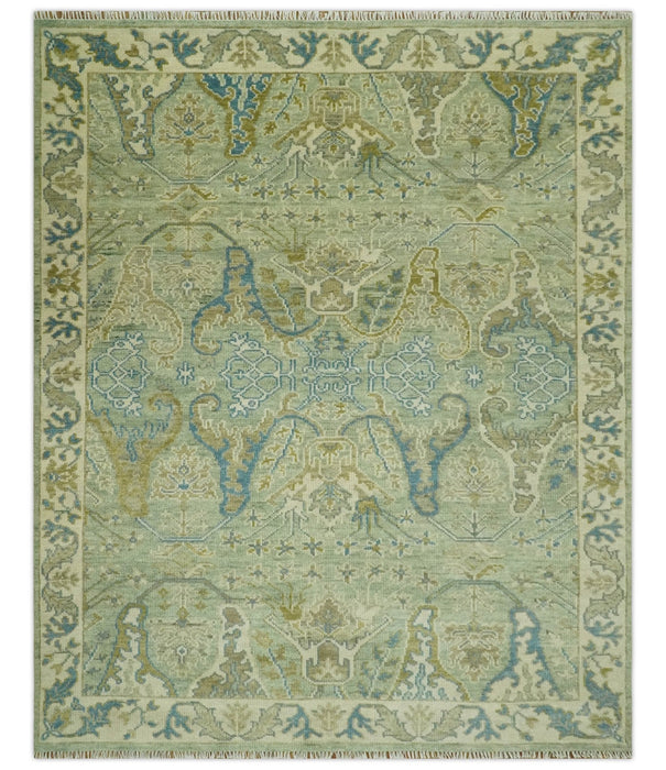Hand Knotted Green, Olive and Teal Traditional Dragon Oushak Design 8x10 wool rug