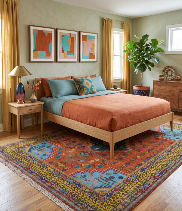 Hand Knotted Green, Rust, Yellow, Pink and Blue Traditional Floral 8x10 Wool Area Rug