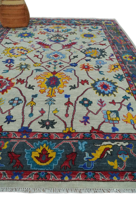 Vibrant colorful Ivory and Charcoal Hand Knotted Traditional Oushak Multi size Wool area Rug