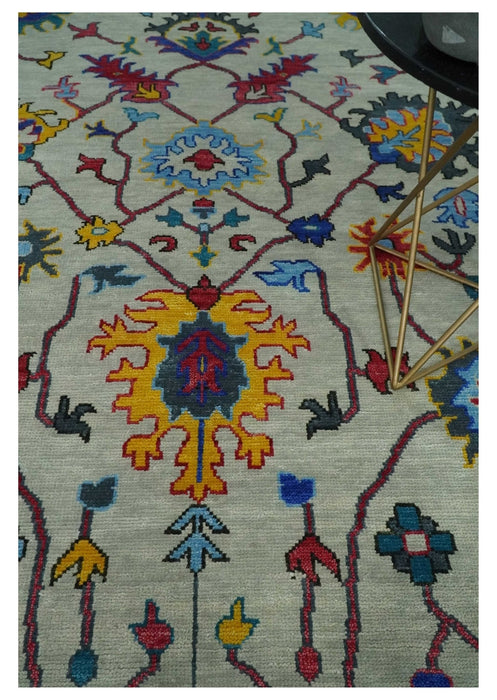 Vibrant colorful Ivory and Charcoal Hand Knotted Traditional Oushak Multi size Wool area Rug