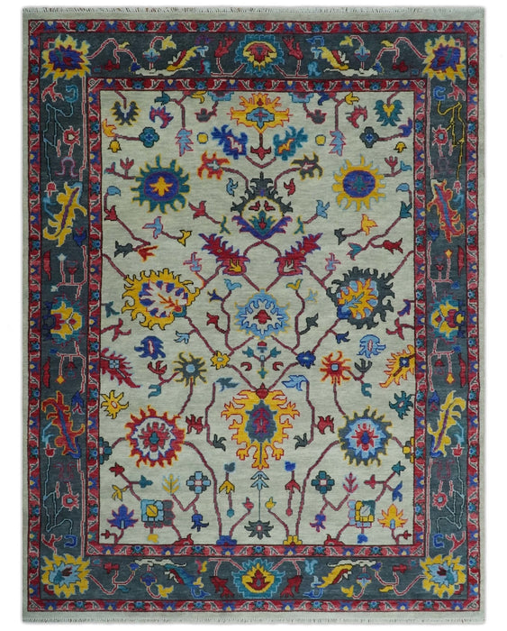 Vibrant colorful Ivory and Charcoal Hand Knotted Traditional Oushak Multi size Wool area Rug