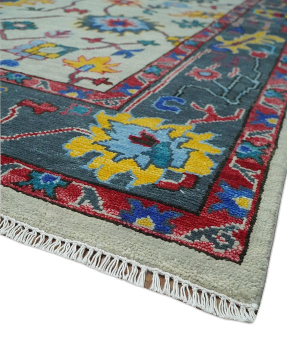 Vibrant colorful Ivory and Charcoal Hand Knotted Traditional Oushak Multi size Wool area Rug