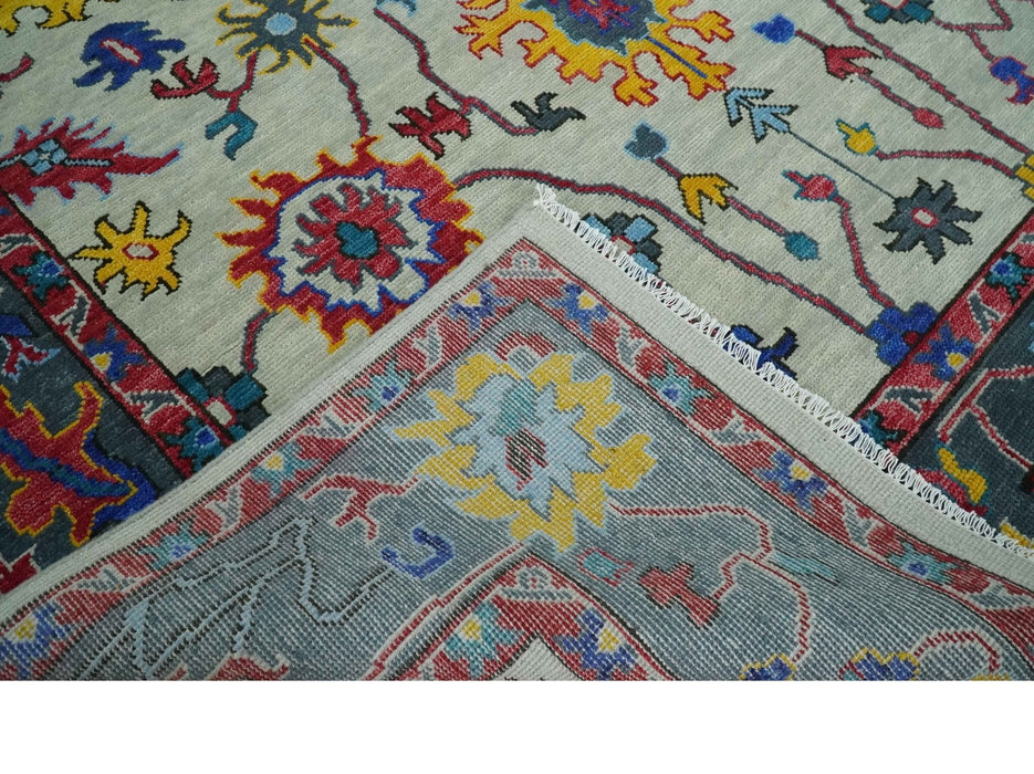 Vibrant colorful Ivory and Charcoal Hand Knotted Traditional Oushak Multi size Wool area Rug