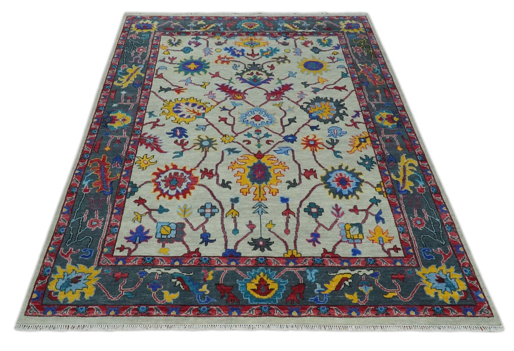 Vibrant colorful Ivory and Charcoal Hand Knotted Traditional Oushak Multi size Wool area Rug