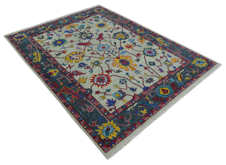 Vibrant colorful Ivory and Charcoal Hand Knotted Traditional Oushak Multi size Wool area Rug
