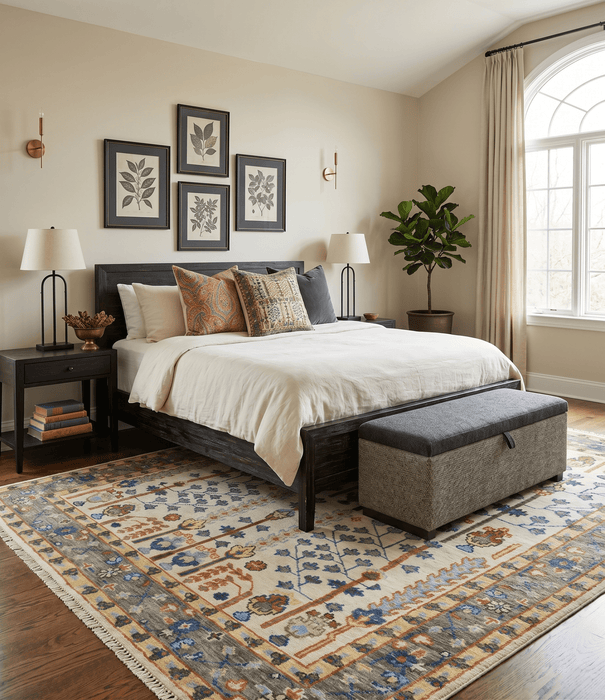 Hand Knotted Ivory and Charcoal Traditional Vintage Style Custom Made Wool Area Rug