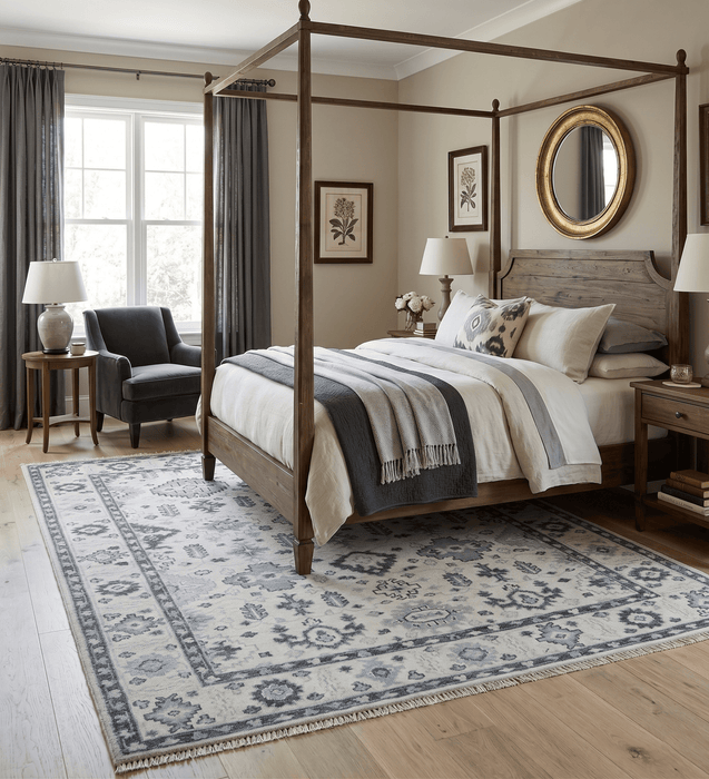 Hand Knotted Ivory And Gray Turkish Design Wool Area Rug