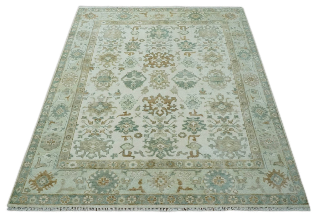 Hand Knotted Ivory and Silver 8x10 Traditional Oushak Wool Area Rug