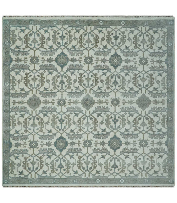Hand Knotted Ivory and Teal 8x10 and 11x11 Square Oushak Wool Area Rug