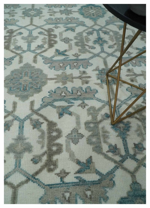 Hand Knotted Ivory and Teal 8x10 and 11x11 Square Oushak Wool Area Rug