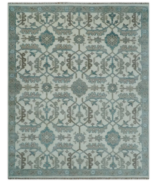 Hand Knotted Ivory and Teal 8x10 and 11x11 Square Oushak Wool Area Rug