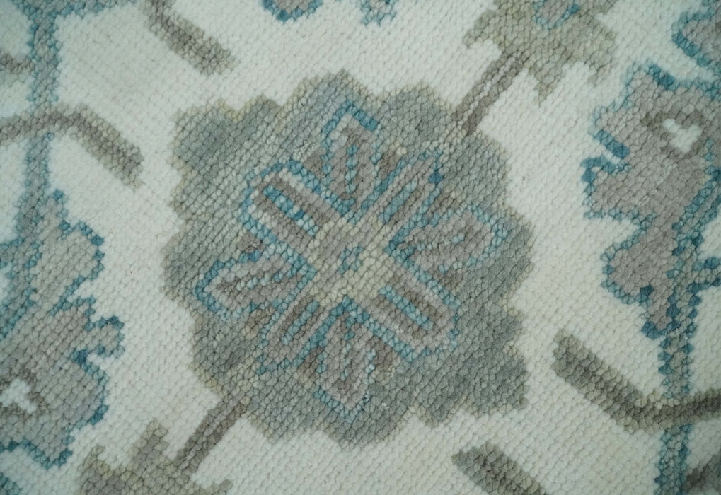 Hand Knotted Ivory and Teal 8x10 and 11x11 Square Oushak Wool Area Rug