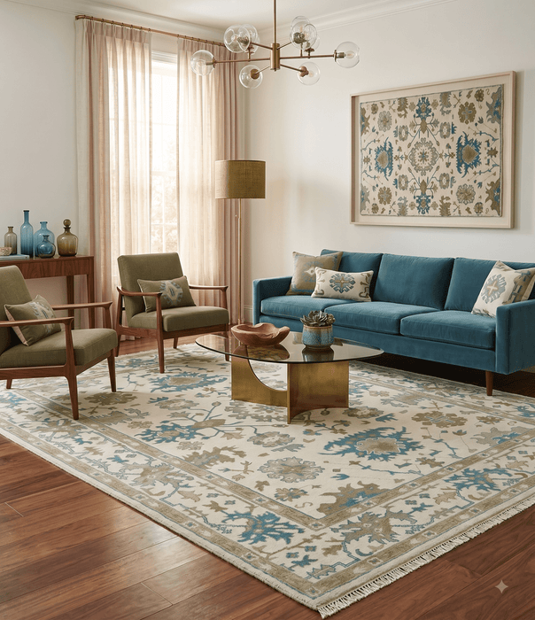 Hand Knotted Ivory, Beige and Teal Traditional Oushak Wool Area Rug