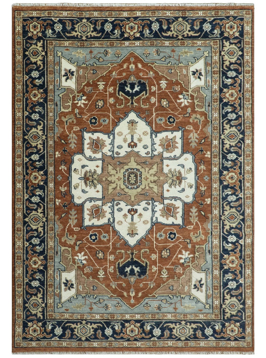 Hand Knotted Blue and Rust Traditional Heriz Multi Size Wool Area Rug