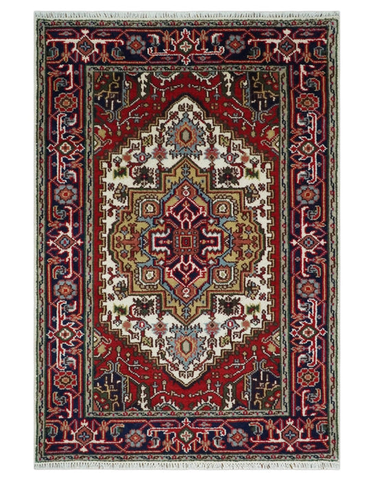 Hand Knotted Ivory, Brown and Blue Traditional Antique Style Wool Area Rug
