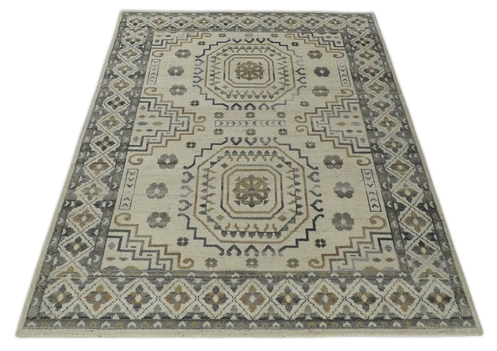 Hand Knotted Ivory, Gray and Beige Traditional Medallion Natural Wool Custom Made Area Rug, Kids, Living Room and Bedroom Rug