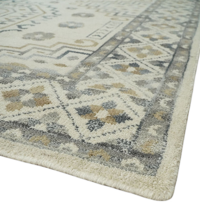 Hand Knotted Ivory, Gray and Beige Traditional Medallion Natural Wool Custom Made Area Rug, Kids, Living Room and Bedroom Rug