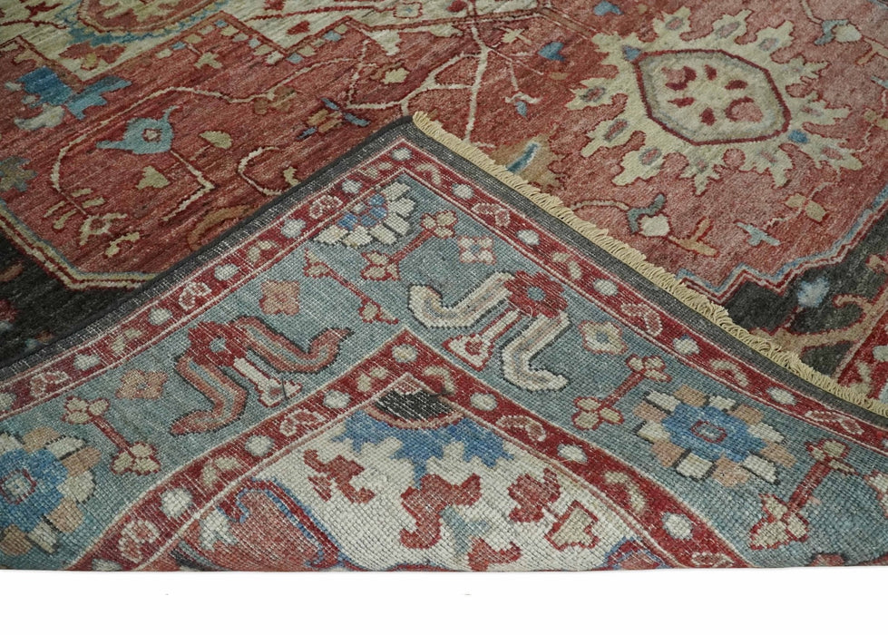 Hand Knotted Ivory, Rust and Blue Antique Persian Heriz Serapi Wool Rug