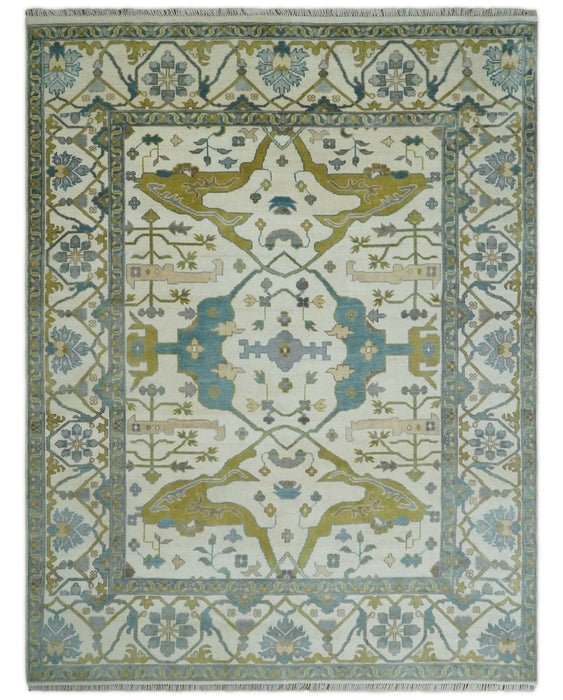 Hand Knotted Ivory, Teal and Olive Oriental Oushak 9x12 Wool Area Rug