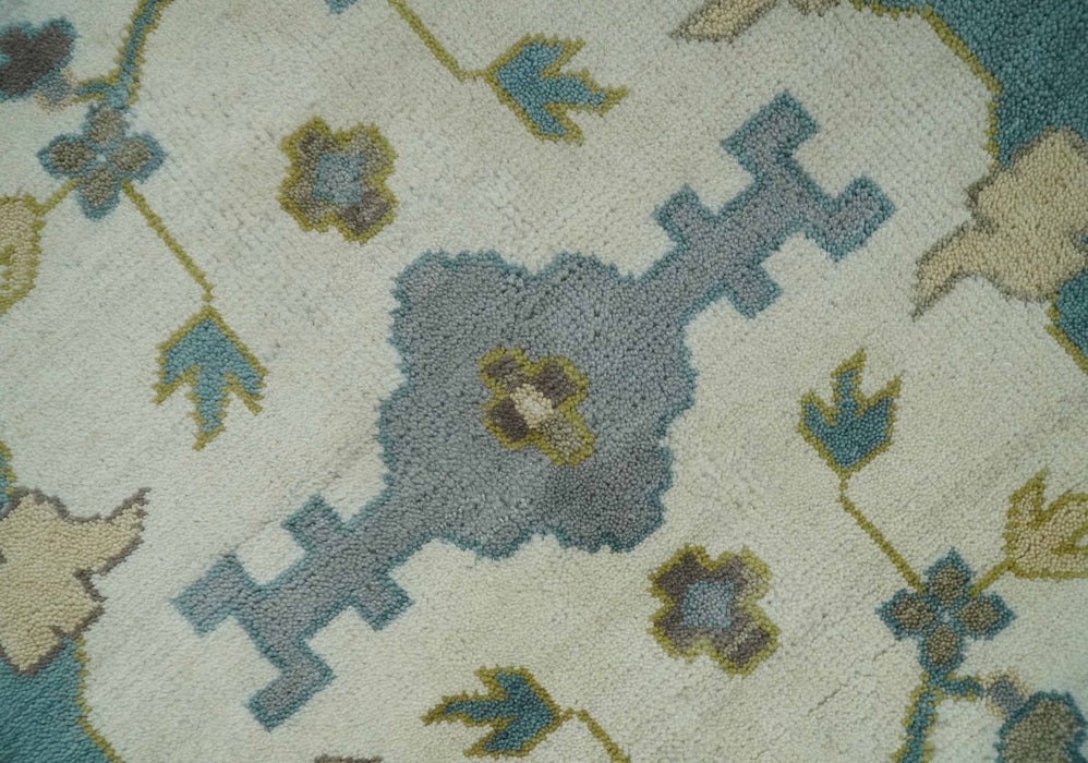 Hand Knotted Ivory, Teal and Olive Oriental Oushak 9x12 Wool Area Rug