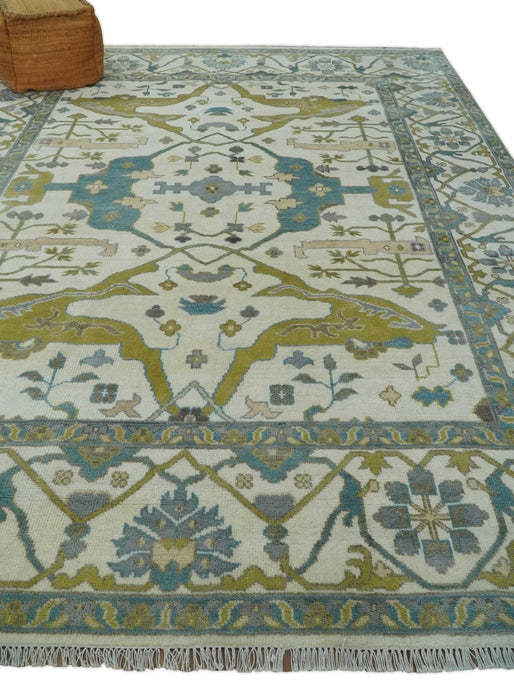 Hand Knotted Ivory, Teal and Olive Oriental Oushak 9x12 Wool Area Rug