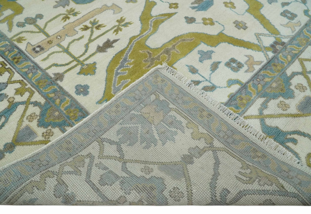 Hand Knotted Ivory, Teal and Olive Oriental Oushak 9x12 Wool Area Rug