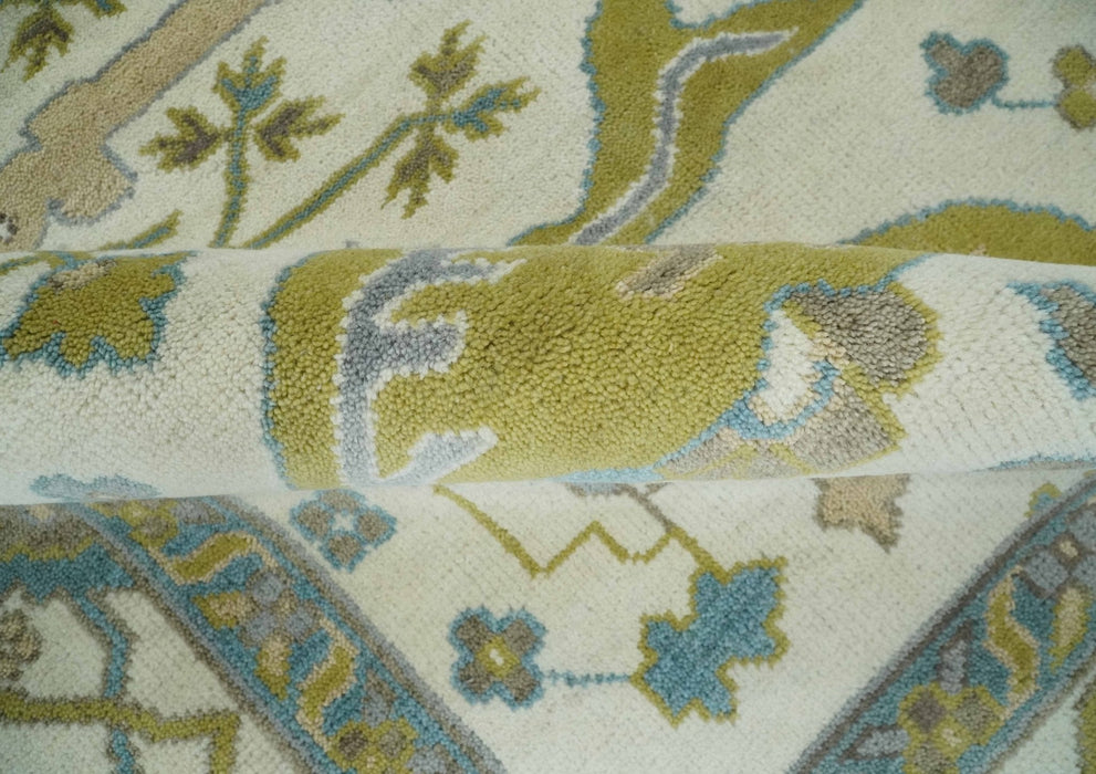 Hand Knotted Ivory, Teal and Olive Oriental Oushak 9x12 Wool Area Rug