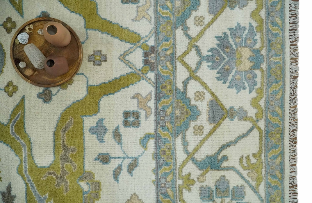Hand Knotted Ivory, Teal and Olive Oriental Oushak 9x12 Wool Area Rug