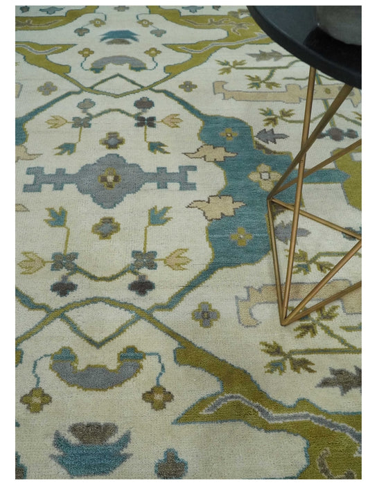 Hand Knotted Ivory, Teal and Olive Oriental Oushak 9x12 Wool Area Rug