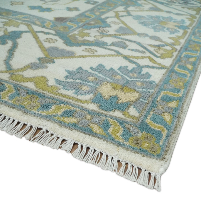 Hand Knotted Ivory, Teal and Olive Oriental Oushak 9x12 Wool Area Rug