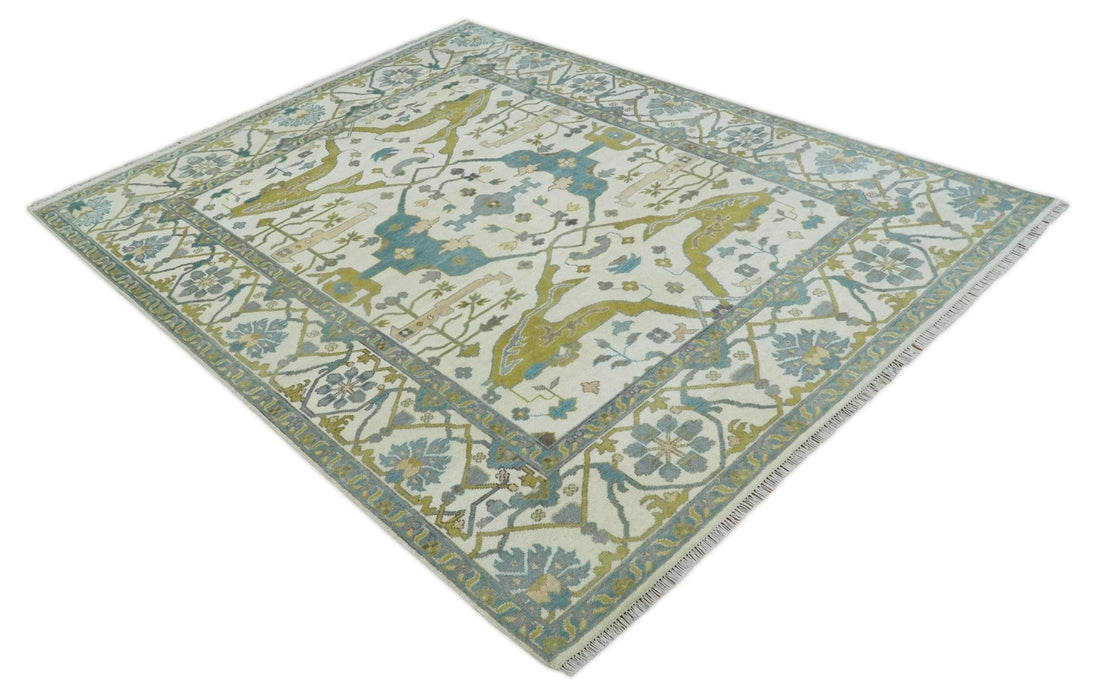 Hand Knotted Ivory, Teal and Olive Oriental Oushak 9x12 Wool Area Rug
