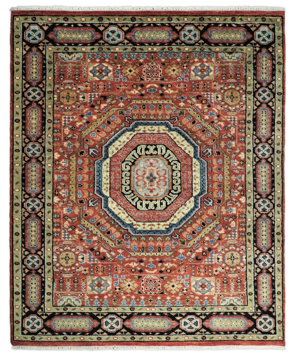 Hand Knotted Traditional Kazak Medallion Rust and Black Wool Area Rug