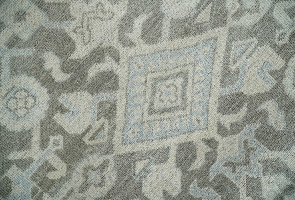 Hand Knotted Low Pile 8x10 Brown, Ivory and Blue Traditional Design Wool Area Rug
