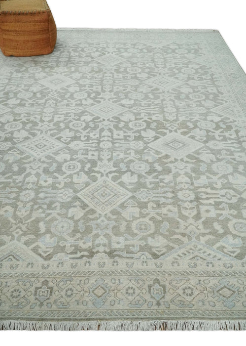 Hand Knotted Low Pile 8x10 Brown, Ivory and Blue Traditional Design Wool Area Rug