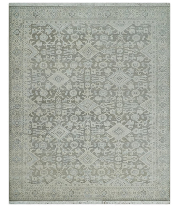 Hand Knotted Low Pile 8x10 Brown, Ivory and Blue Traditional Design Wool Area Rug