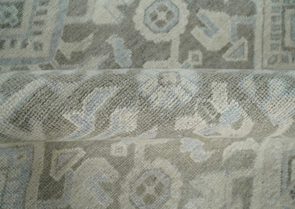 Hand Knotted Low Pile 8x10 Brown, Ivory and Blue Traditional Design Wool Area Rug