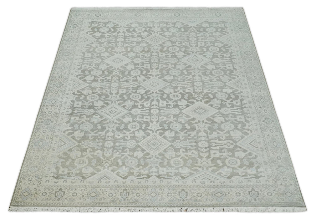 Hand Knotted Low Pile 8x10 Brown, Ivory and Blue Traditional Design Wool Area Rug