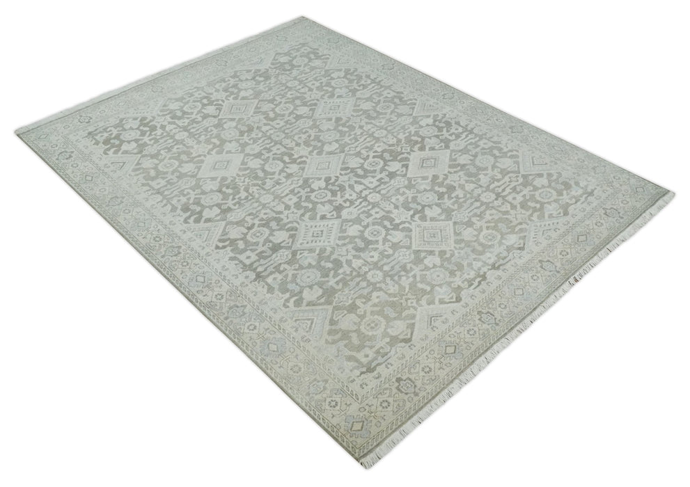 Hand Knotted Low Pile 8x10 Brown, Ivory and Blue Traditional Design Wool Area Rug