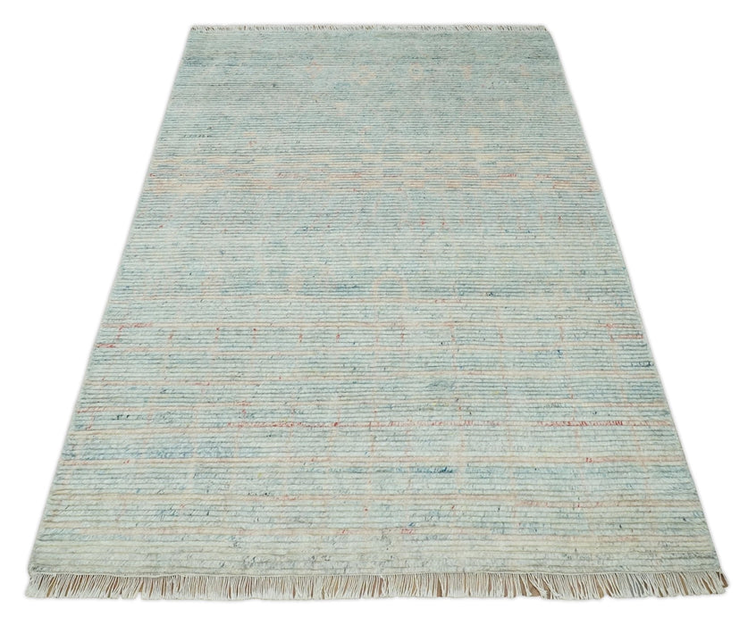 Hand Knotted Modern Abstract Blue and Peach Trellis Moroccan Blended Wool Area Rug