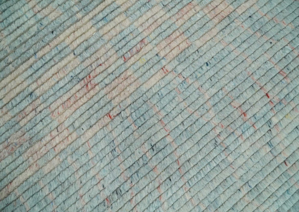 Hand Knotted Modern Abstract Blue and Peach Trellis Moroccan Made with Blended Wool Multi Size Area Rug